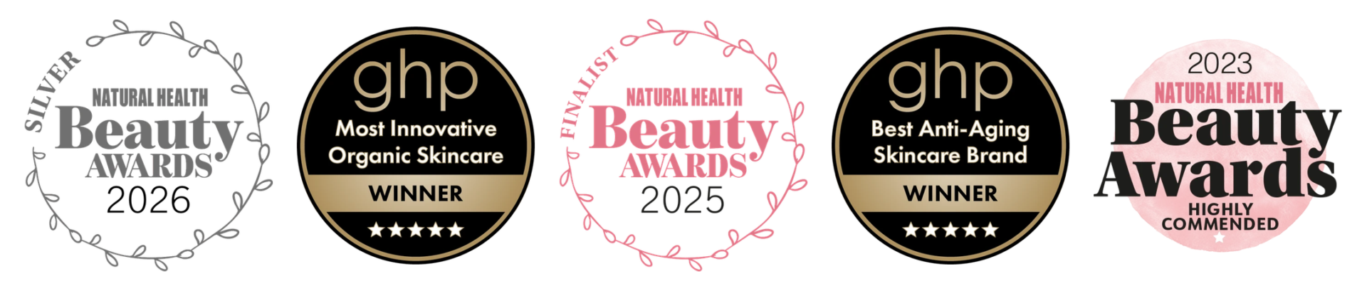 LE PURE Best Skincare Brand awards from the Natural Health Beauty Awards and Global Health 