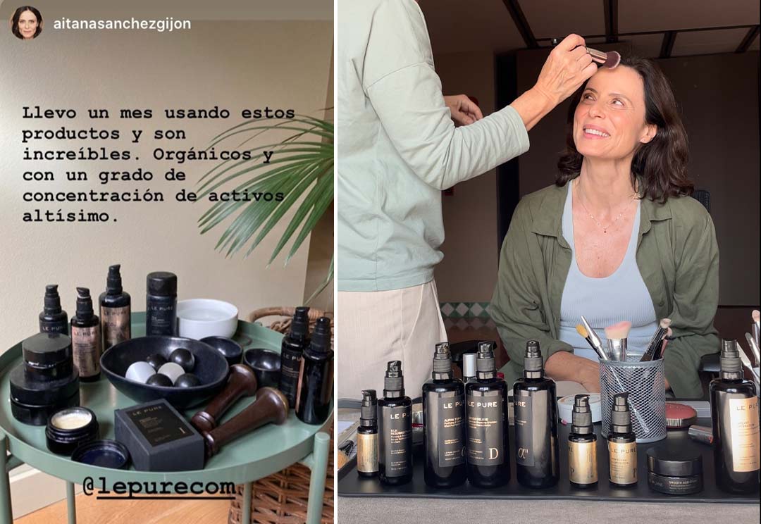Makeup artist applying LE PURE certified organic skincare on Aitana Sánchez-Gijón — a longtime client of the brand