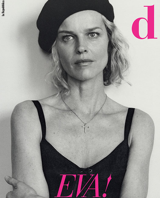 Supermodel Eva Herzigova's skin prepared with LE PURE organic skincare and foundation for d la Repubblica Magazine