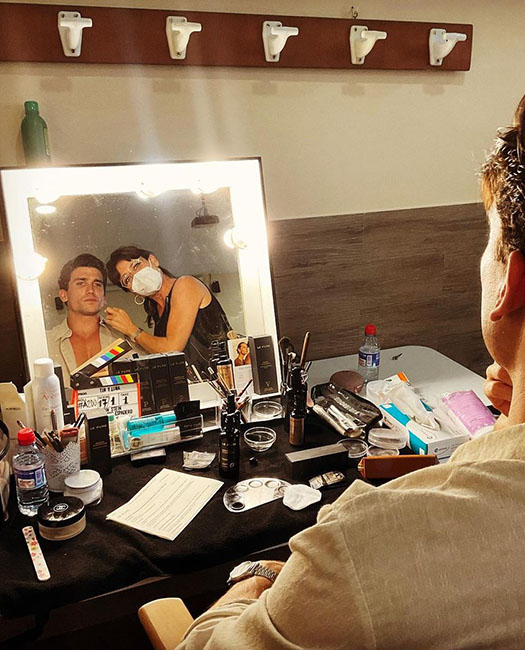 Actor Jaime Lorente's skin prepared with LE PURE organic skincare and foundation on the set of Tin & Tina by Rubin Stein – MUA Ana Beato