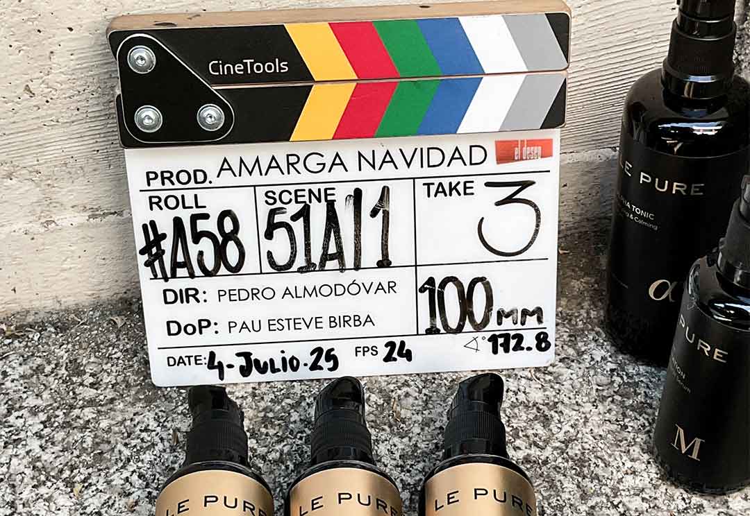 LE PURE certified organic skincare products on the set of Almodóvar's Amarga Navidad — serums, oils and face creams used in the film's skincare protocol