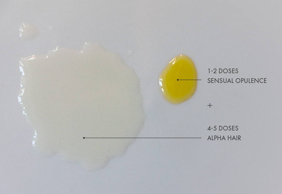 Primer plano del aceite Sensual Opulence y el sérum Alpha Hair con las dosis del tratamiento para el pelo de Le Pure