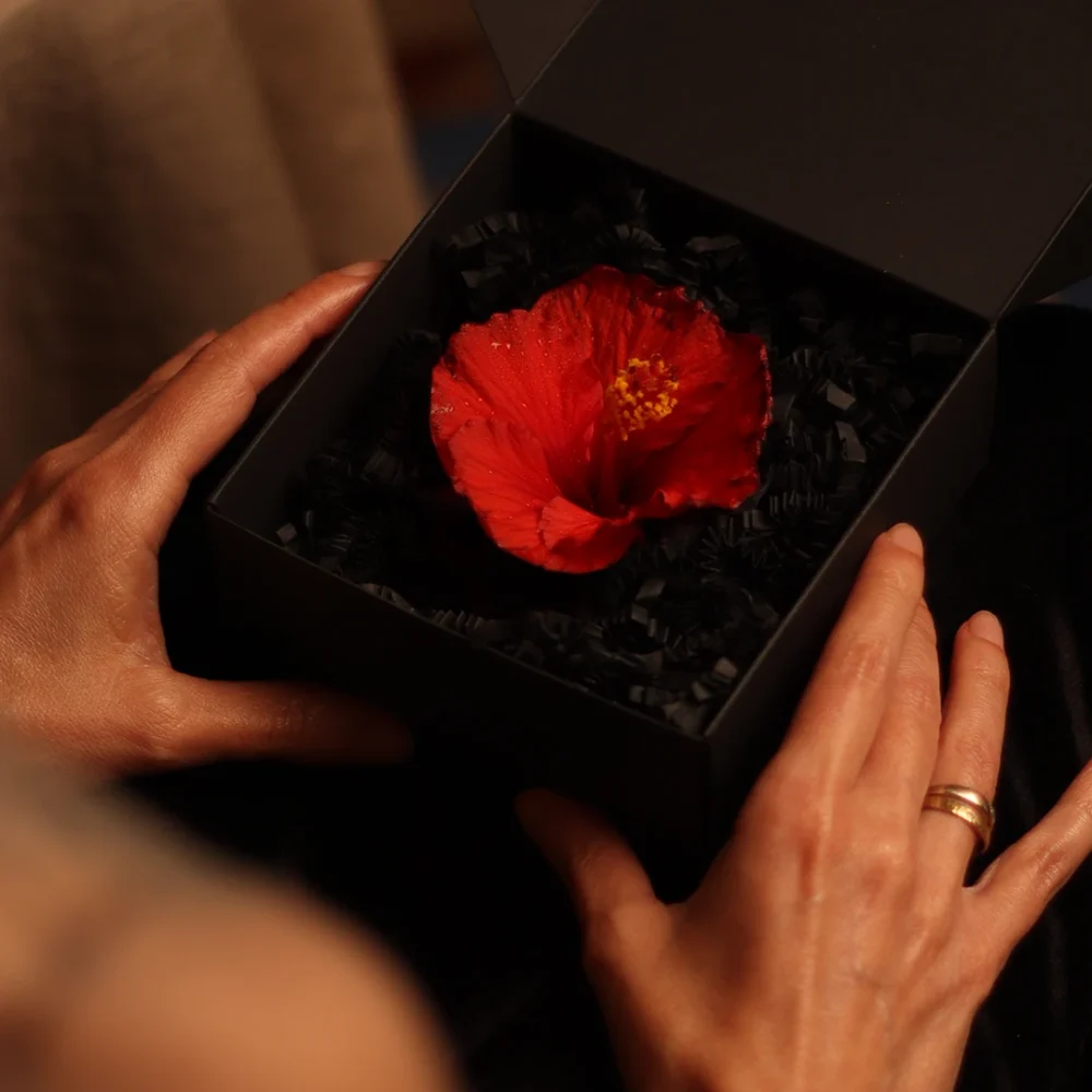 Hands holding an elegant black gift box with a red flower, symbolizing slow and mindful gifting.